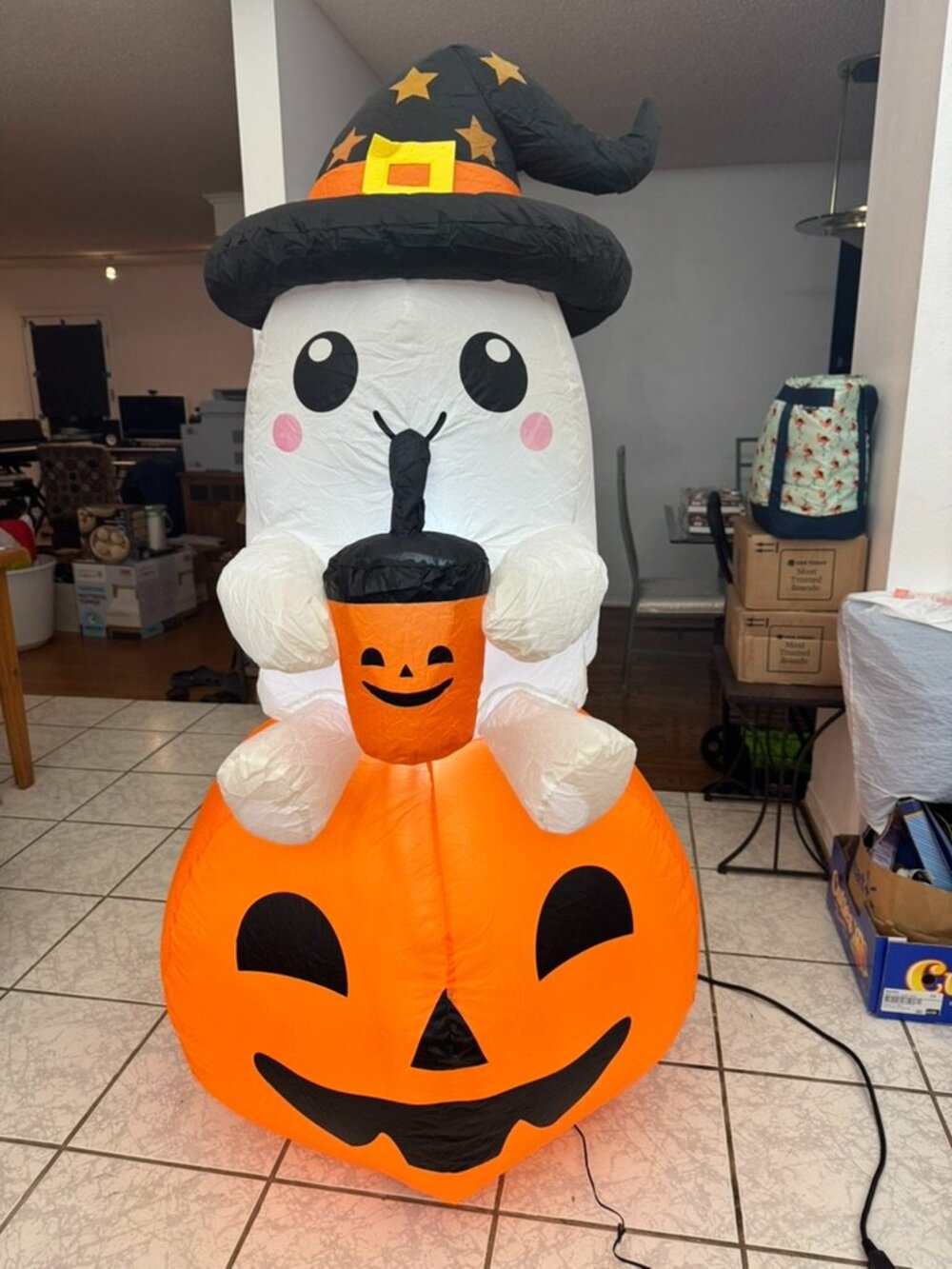 5ft GOOSH Halloween Inflatable Ghost Drinking Soda On A Pumpkin